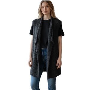 Alya Black Long Fuzzy Open Front Sleeveless Cardigan Vest